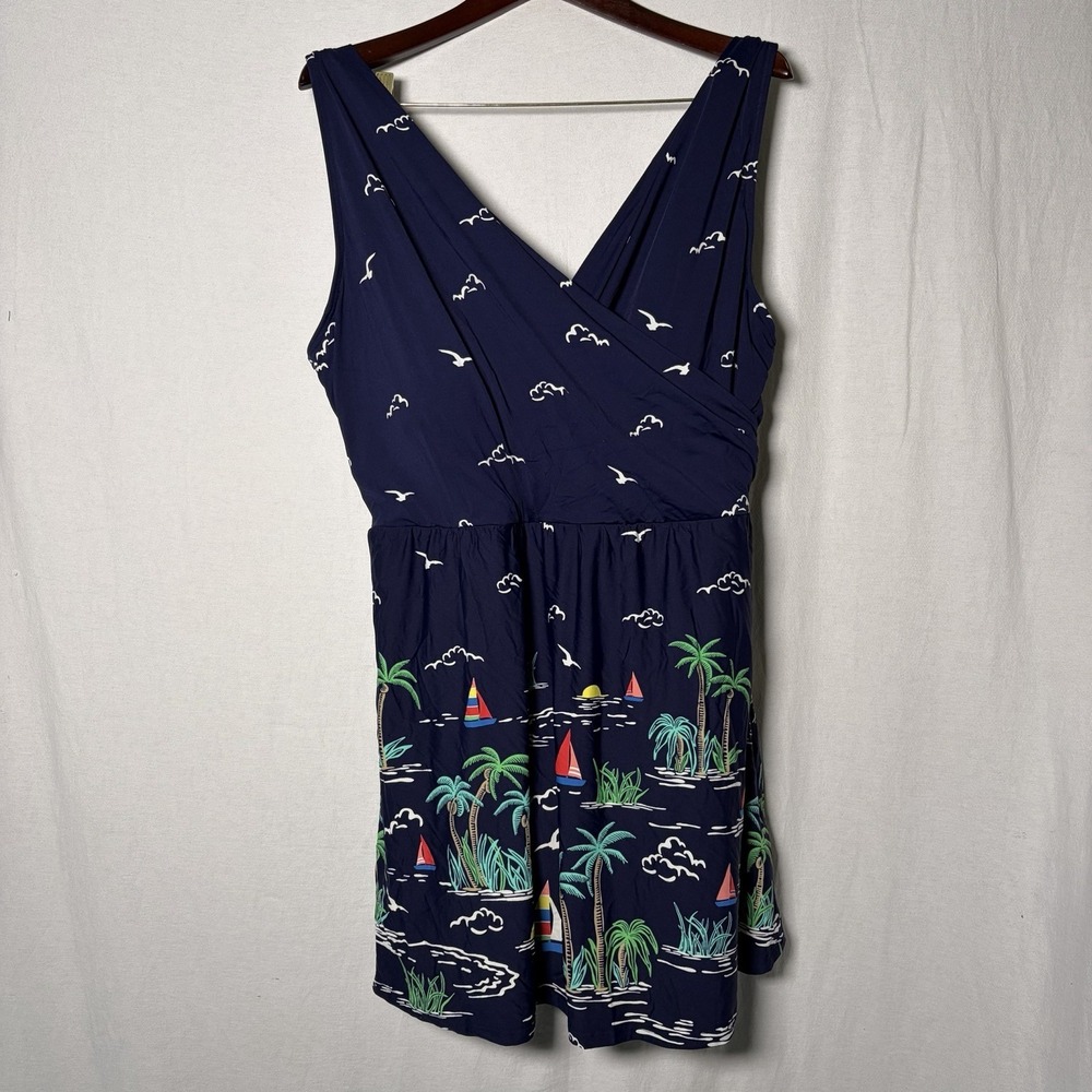 Lands End Swim Dress Size 22W Navy Print Boat Cruise Swimsuit Soft Cups Palm